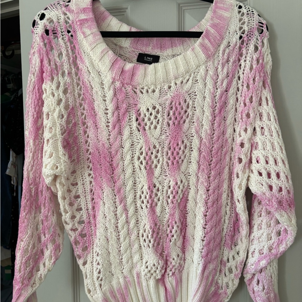 Line Open-Weave Cream Sweater with Pink Accents